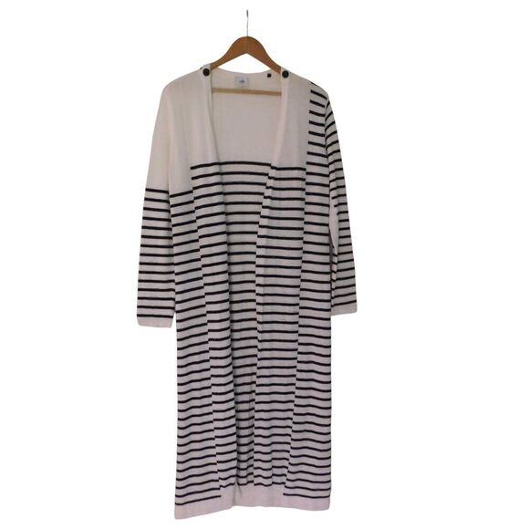 Cabi Victory duster long cardigan navy blue white striped sweater sz Medium - Picture 1 of 6